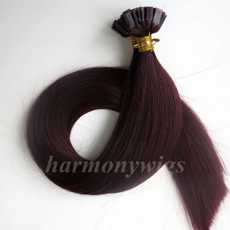 200g 200Strands Pré-collés Extensions de cheveux à bout plat 18 20 22 24 pouces # 99J / Vin rouge Brésilien Indien Remy Kératine Cheveux Humains