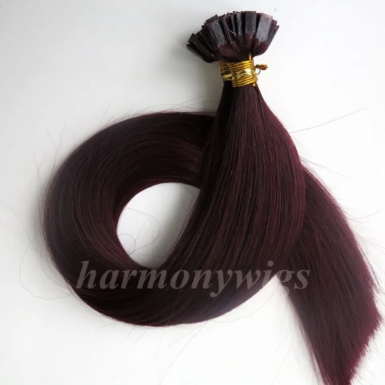 200G 200Strands Pre Bonded Flat Tips Hair Extensions 18 20 22 24Inch # 99J / Rödvin Brasiliansk Indisk Remy Keratin Mänskligt Hår