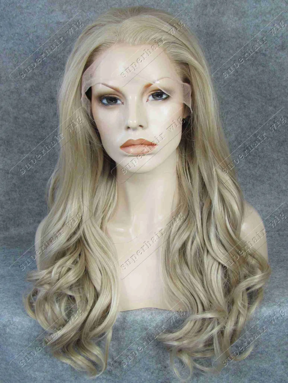 S07 Body faliste popielaty blond długie włosy syntetyczne koronkowy przód moda damska naturalna peruka modna koronka mokra falowana peruka blond