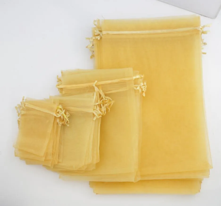 4sizes Hot sell Golden Organza Jewelry Gift Pouch Bags For Wedding favor 7X9cm 9X12cm 13X18cm 20X30cm