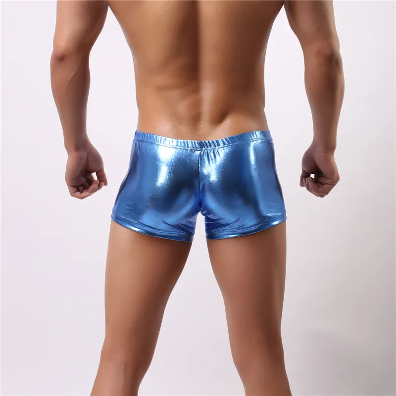 Mens underkläder Boxer Sexig patent faxu läder lysande pojke penis påse manliga trosor badkläder underbyxor täta boxare shorts män cue312v