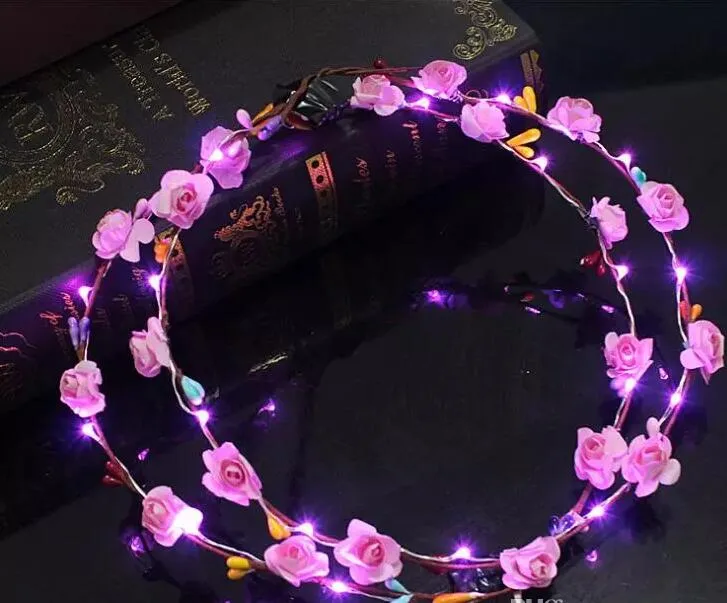 وميض LED LED FLOW FLOWER CROWN BASTING Party Rave Floral Hair Gallland Wreath Wedding Flower Girl Decorepiece Decor