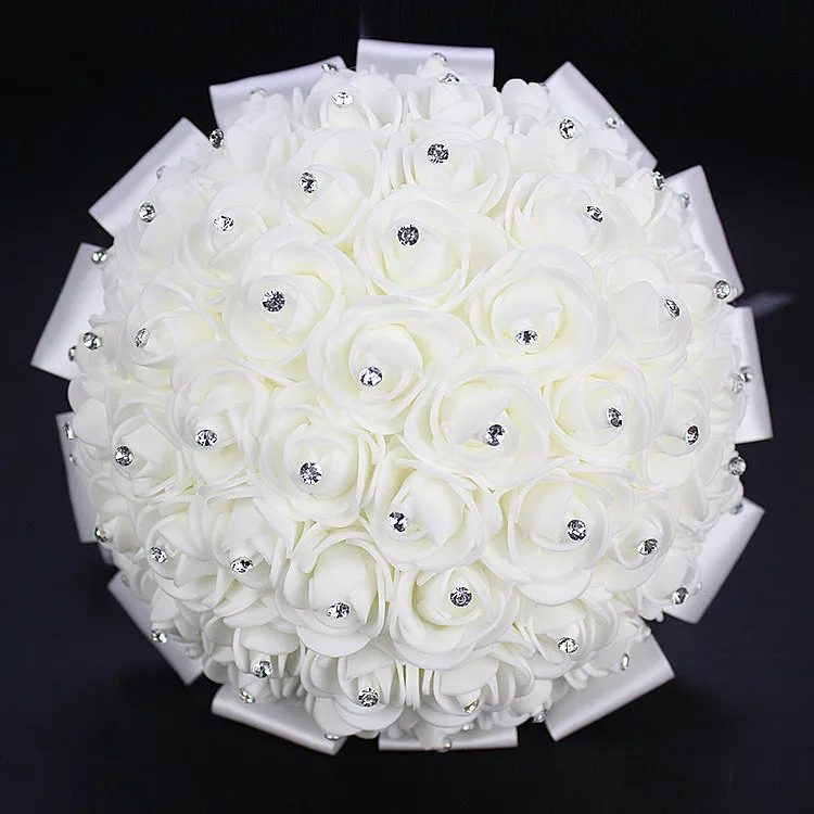 2016 New Crystal White Bridal Wedding Bouquets 구슬 신부를 잡고있는 꽃 손으로 만든 인공 꽃 장미 신부 들러리 196253051