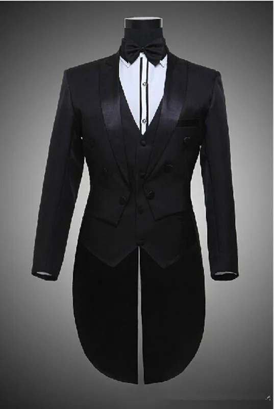 Sıcak 2016 Tailcoat Damat Smokin En Iyi Adam Groomsmen Erkekler Düğün Takım Elbise Çentik Yaka Performans Suit Siyah Beyaz Ceket + Pantolon + Kravat + Yelek 652