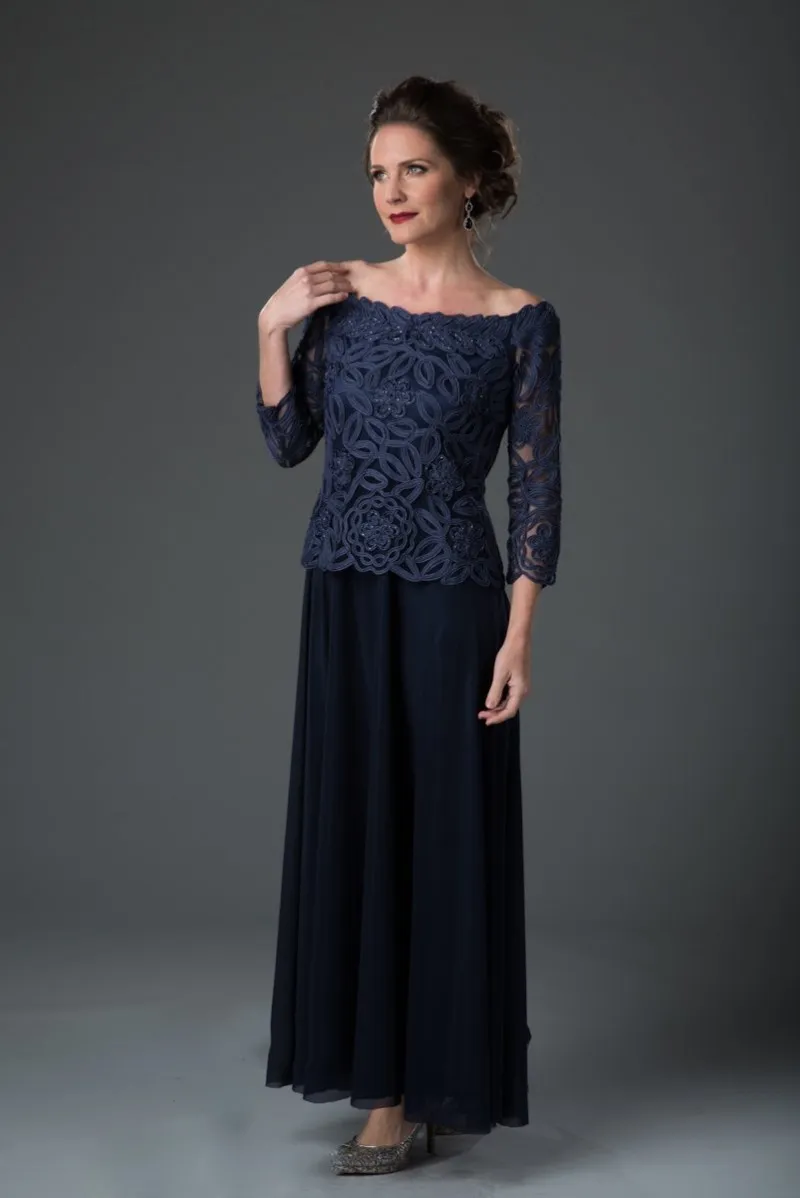 Темно-синий 34 с длинным рукавом Платье для матери невесты с открытыми плечами и аппликацией чайной длины Плюс размер Свадебное платье для гостей Вечернее платье Mothe6067448
