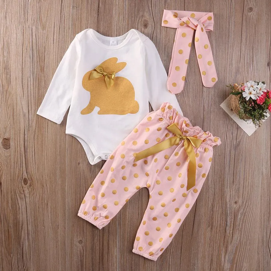 Mignon Enfants Vêtements Nouveau-Né Bébé Filles Vêtements Bandeau Lapin Barboteuse Polka Dot Pantalon Pantalon 3 PCS Infant Tenues Enfants Vêtements Ensemble 0-18 M