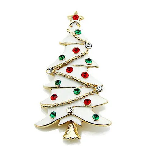 Groothandel witte emaille kerstboom gift broche met veelkleurige strass-kristallen