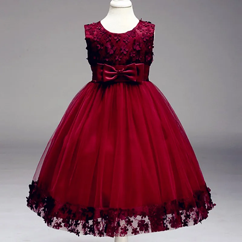 Enfants infantile fille fleur pétales robe enfants demoiselle d'honneur enfant en bas âge robe élégante Vestido Infantil robe de soirée formelle vin rouge4328155