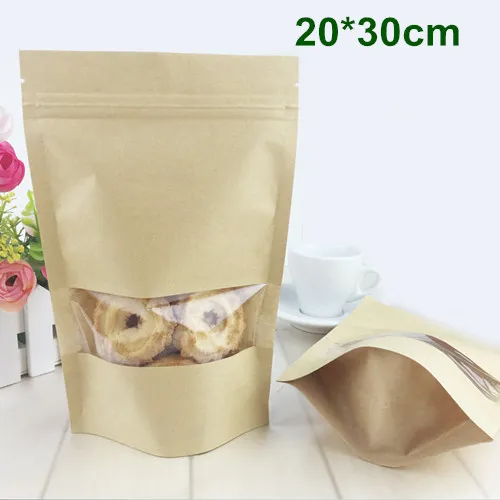 DHL 20 x 30 cm (7,9 x 11,8 Zoll) Kraftpapier mit durchsichtigem Fenster, Stand-up-Verpackungsbeutel für die Aufbewahrung von Lebensmitteln, Kaffee, wiederverschließbarer Beutel mit Reißverschluss