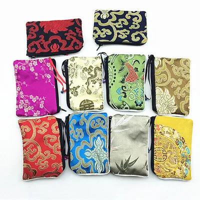 Small Zipper Silk Satin Gift Bags Jewellery Pouch Bell Coin Purse Card Holders High Quality Cloth Packaging Pocket with Lining 1568200