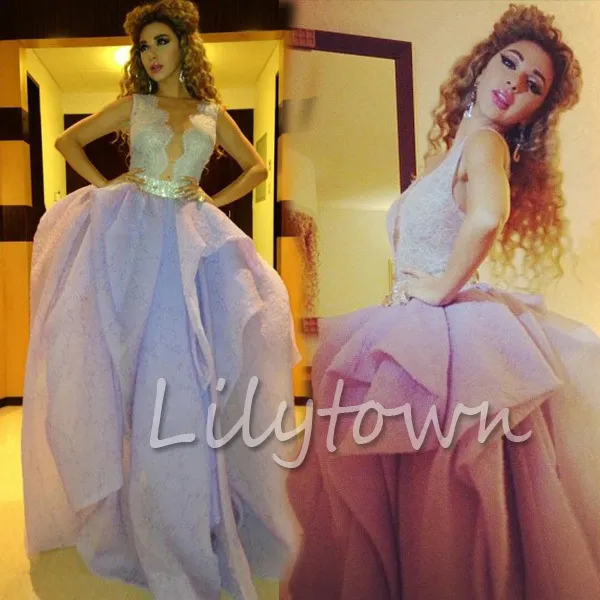 2015 Sexy Myriam Fares Promi-Kleid Ballkleid Perlen ärmellos bodenlangen roten Teppich Kleider formelle Abendkleider QA592