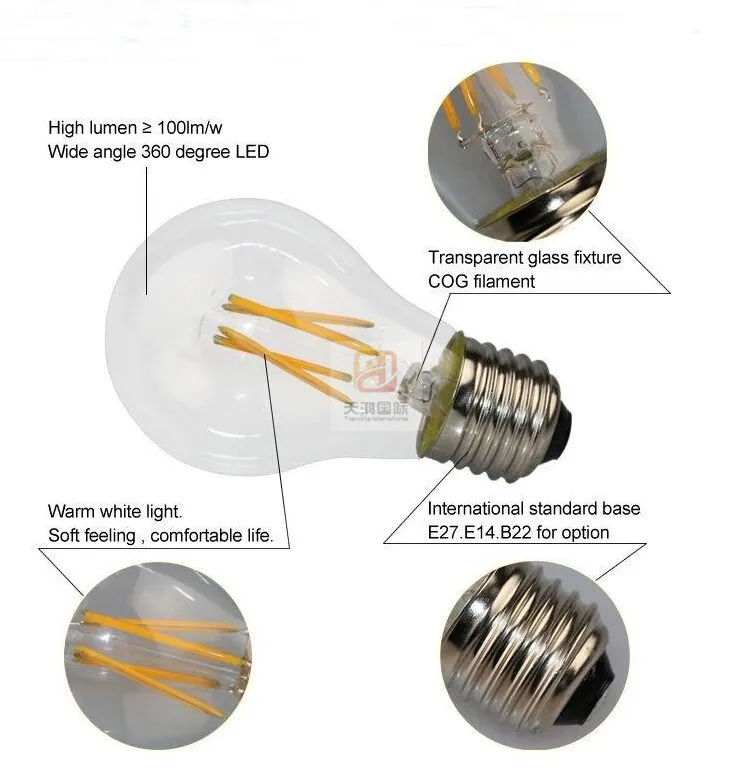 Angle lumineux A60 a mené la lampe 4W / 8W / 12W / 16W 110-240V de Edison de lumières d'ampoule de filament lumineuse superbe 360 ​​d'éclairage de filament garantie 3 ans