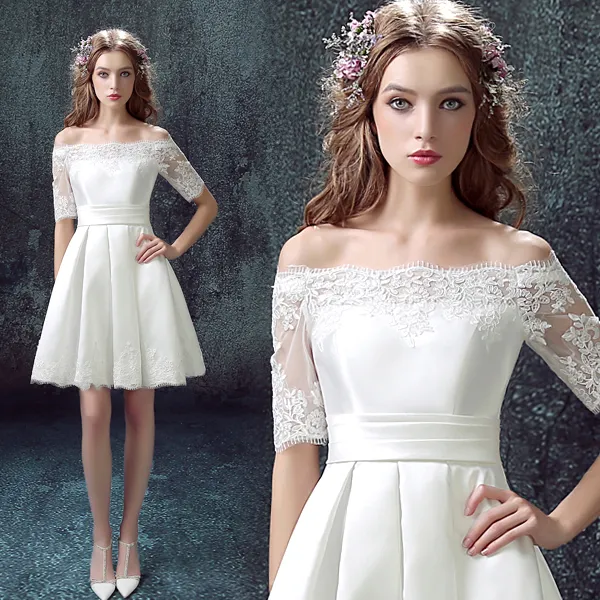 2015 Lace Short Wedding Dresses with Half Sleeves Bateau Appliques Garden Bridal Dresses Lace Up Back Wedding Gowns TS013