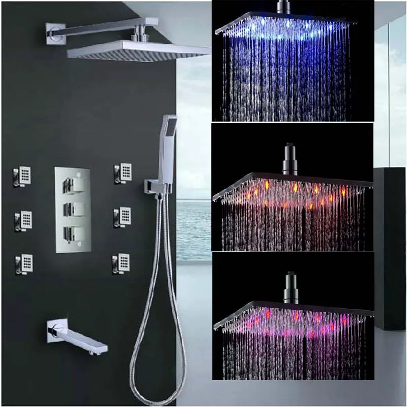 Gros et au détail Chrome Fomosh LED Carré Pluie Douche Robinet Thermostatique Valve Massage Jets Pulvérisateur + Douche À Main