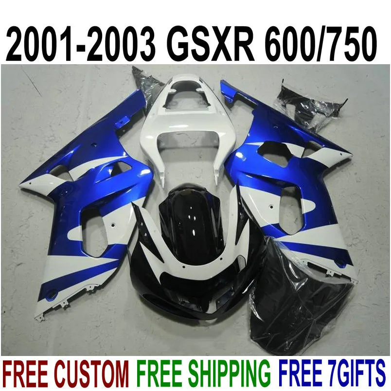 Perfecte pasvorm voor Suzuki GSXR600 GSXR750 2001-2003 Plastic Backings Set K1 01 02 03 GSX-R 600 750 Blauw Wit Black Fairing Kit DB5