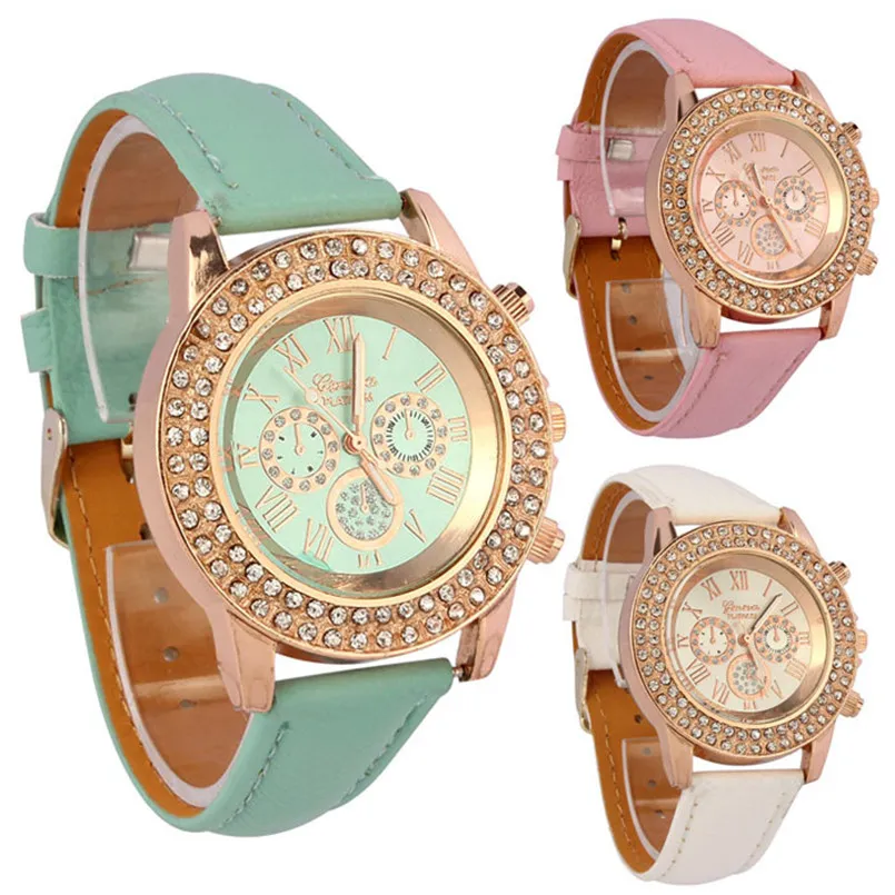 Vogue Dames Horloges Mannen Geneva Horloges Crystal Dial Quartz Watch Analoge PU Lederen Armband Horloge Relogio Feminino