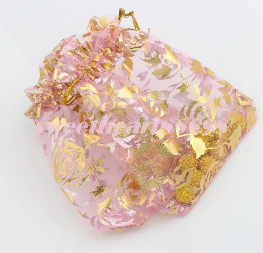 9X12cm Gold Rose Design Organza Jewelry Pouches Bags Candy Bag GB038 Hot sell