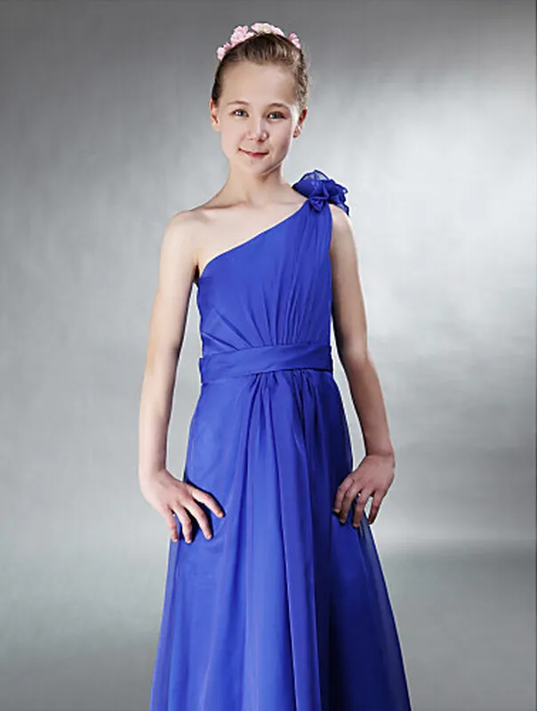 A-lijn één schouder mouwloze vloer lengte chiffon royal blue junior bruidsmeisje jurk