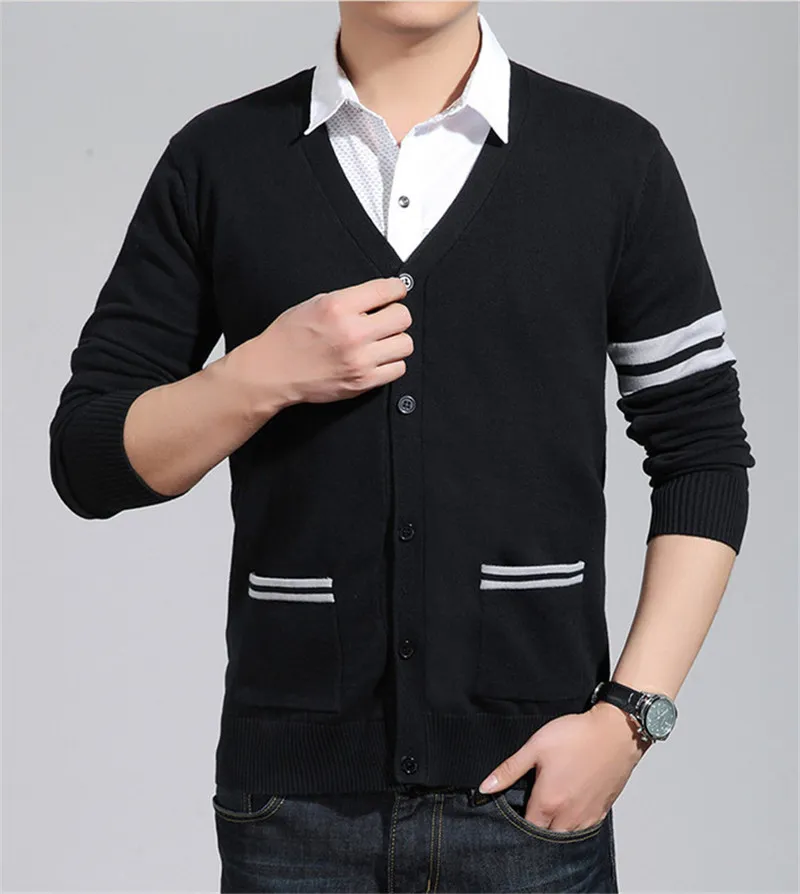 Мода осень зимний мужской свитер V шеи кардиган мужской трикотаж свитер тонкий повседневный свитер бренд кардиган темно-синий черный серый м-2xL