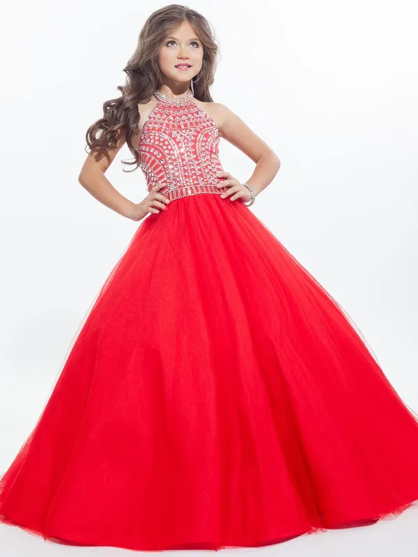 Abito da ballo rosso su misura Abiti da spettacolo ragazza Collo alto Halter Tulle di cristallo argentato Backless Bambino Abiti da cerimonia bambini piccoli