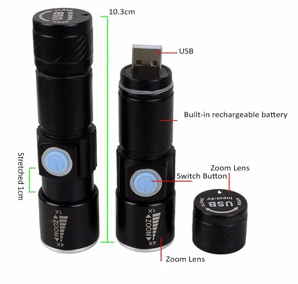 Torches USB-Lighter 강력한 Mochila Lanterna Tactical Tack Flash Light Linternas LED 확대 조용한 검투사 Zaklamp Flashlight