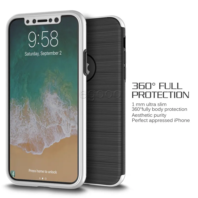 360 Full Protection Case Brush Hard PC Mobiltelefon Lyxkåpa med spegel för iPhone X 8 7 6 6s plus 5 5S Samsung Not 8 S8 S7 Edge Plus J7