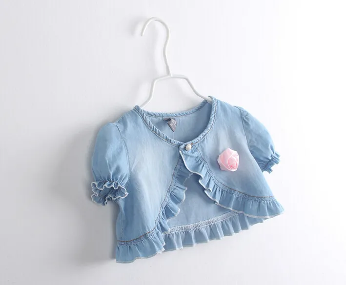 2015 Summer new Baby Casual Washed denim short Jackets Girls Cute rose Tops short sleeve shawl children clothing