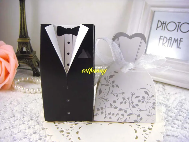 100 unids / lote 50 novias + 50 novios Caja de dulces de la boda del envío libre Novia y novio Caja de dulces de papel Cajas de regalo del favor de la boda