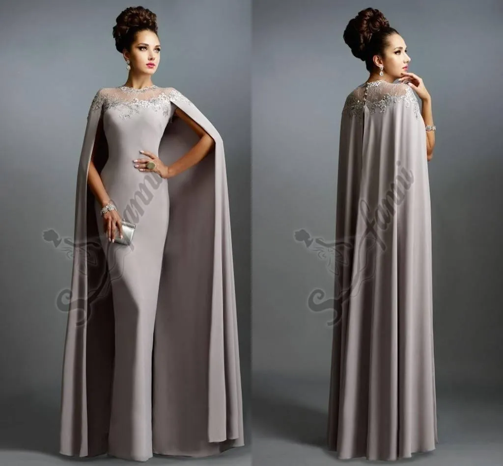 Arabic Elegant Long Evening Gowns with Cape Dubai Kaftan Abaya Lace High Neck Mother of the Bride Party Dresses Formal Celebrity Dresses
