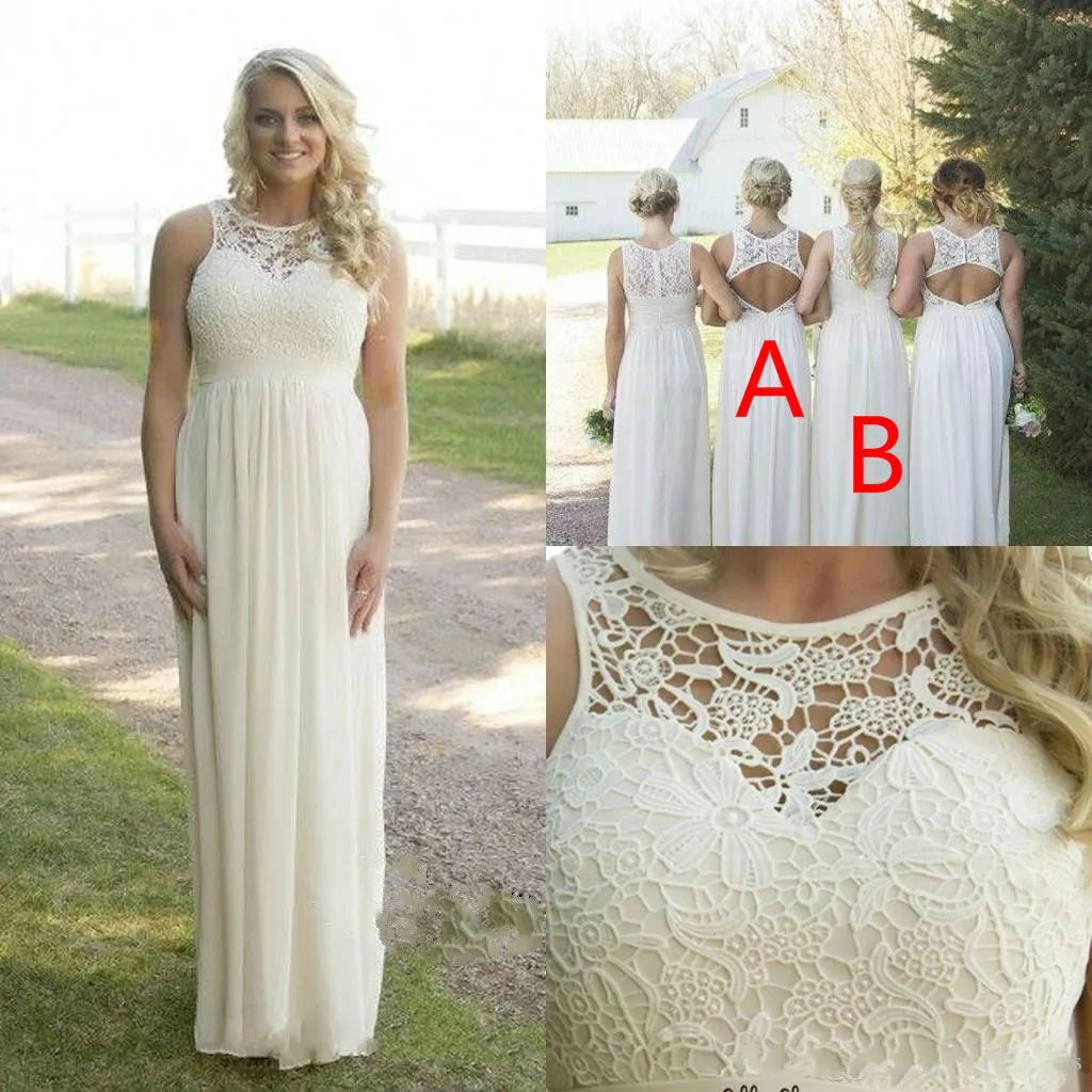 Bästa beige golvlängd chiffong boho land brudtärna klänningar sheer nacke olika stil backless prom klänningar billig piga av ära kväll