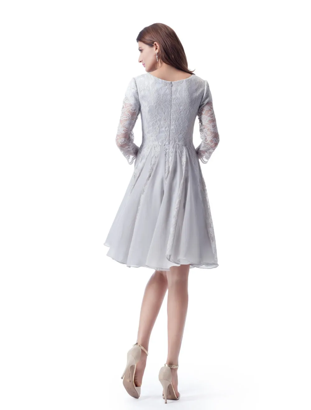 Robes de demoiselle d'honneur modestes courtes A-ligne longueur au genou argent gris dentelle en mousseline de soie LDS robes de soirée de mariage avec manches transparentes en vente