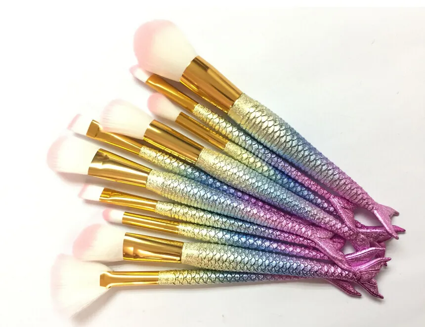 1LOT = 10PCS Mermaid Brush Makeup Brushes Sets 3D Färgglada Professionella Make Up Brushes Foundation Blush Cosmetic Brush Set Kit Tool
