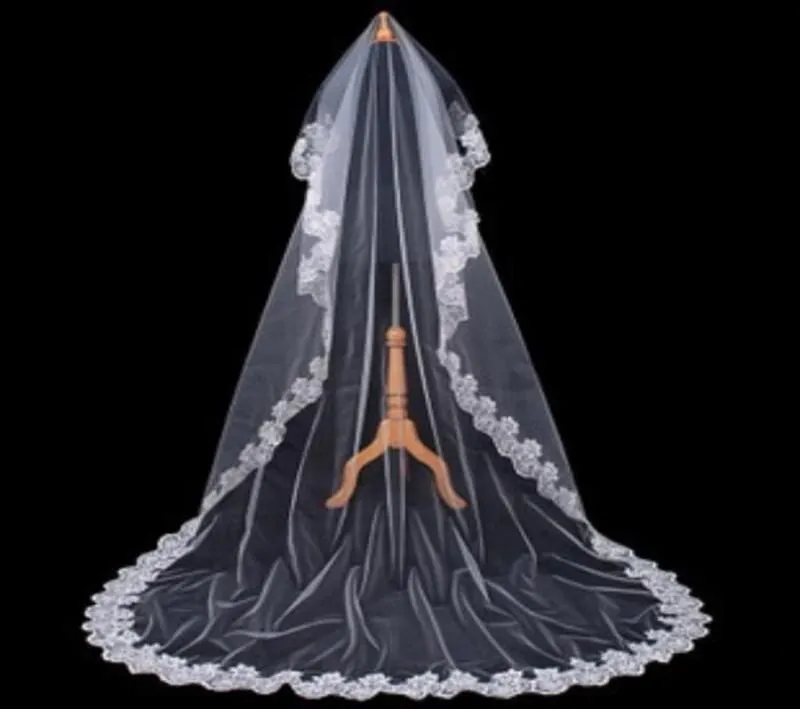 Billiga Exquisit Long Netting Bridal Veil One Layer Lace Applique Edge Broderad Cathedral Längd Tulle Bridal Veil Bröllop Tillbehör