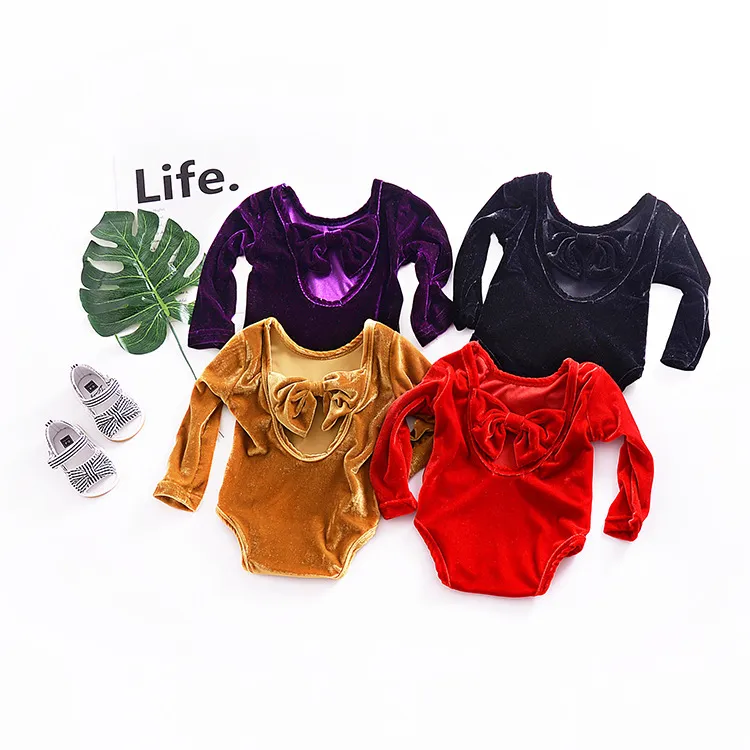 Mode baby meisje rompertjes warme lange mouwen fluwelen jumpsuit peuter kleding wijn rode backless bowknot baby rompertjes lente herfst kleding