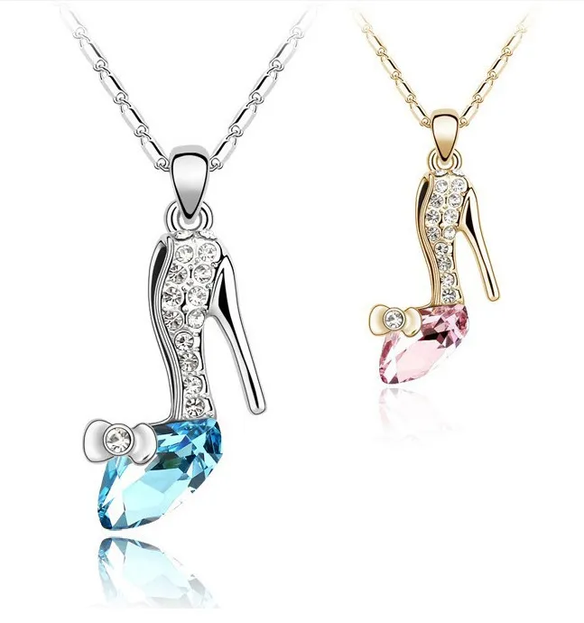 Nya Hängsmycken Halsband Österrikiska Crystal Cinderella Crystal Shoes Pendants 925 Stering Silver 18K Guldpläterade Kedjor Mode Smycken 10 färger