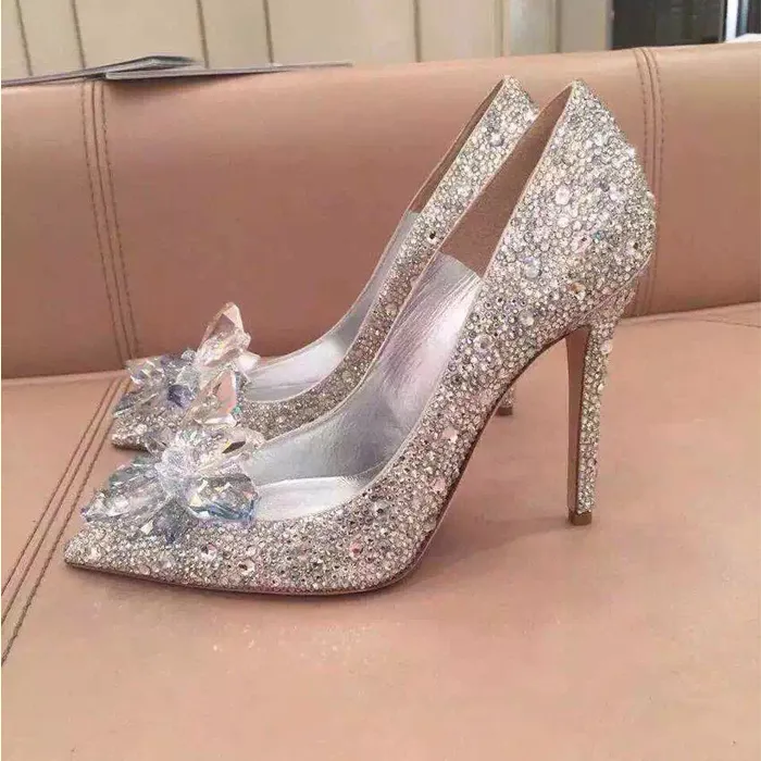 Top Grade Cinderella Crystal Shoes Bridal Rhinestone Wedding Shoes With Flower Genuine Leather Big Small Size 33 34 To 40 41