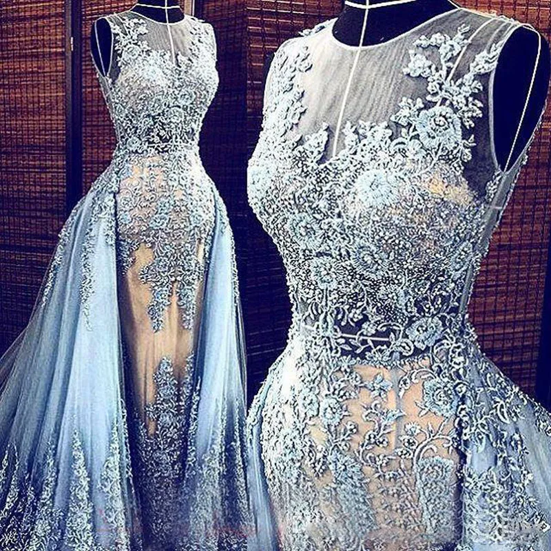 Image réelle Elie Saab robes de bal bleu clair train détachable robes formelles transparentes robes de concours de fête sur mesure robes de bal longues