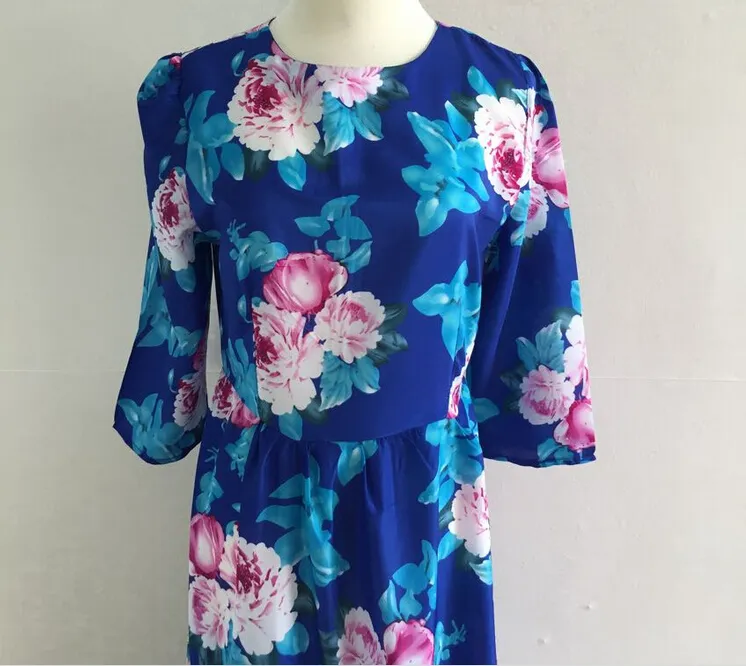 2015 moda nueva gasa maxi vestidos para mujer ropa de verano otoño cuello redondo azul floral impreso vestidos mujeres bohemio vestidos casuales xl