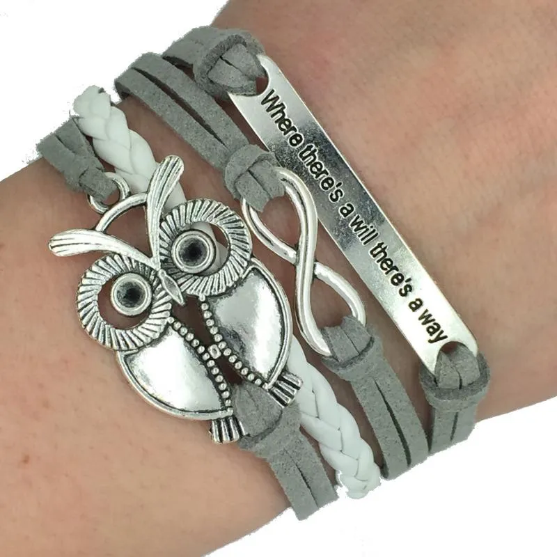 Diy Owl Charm Smycken Mode Läder Söt Armband Silver Plocka Style Läderarmband Vävt Armband Hand Rope Bracelet Smycken