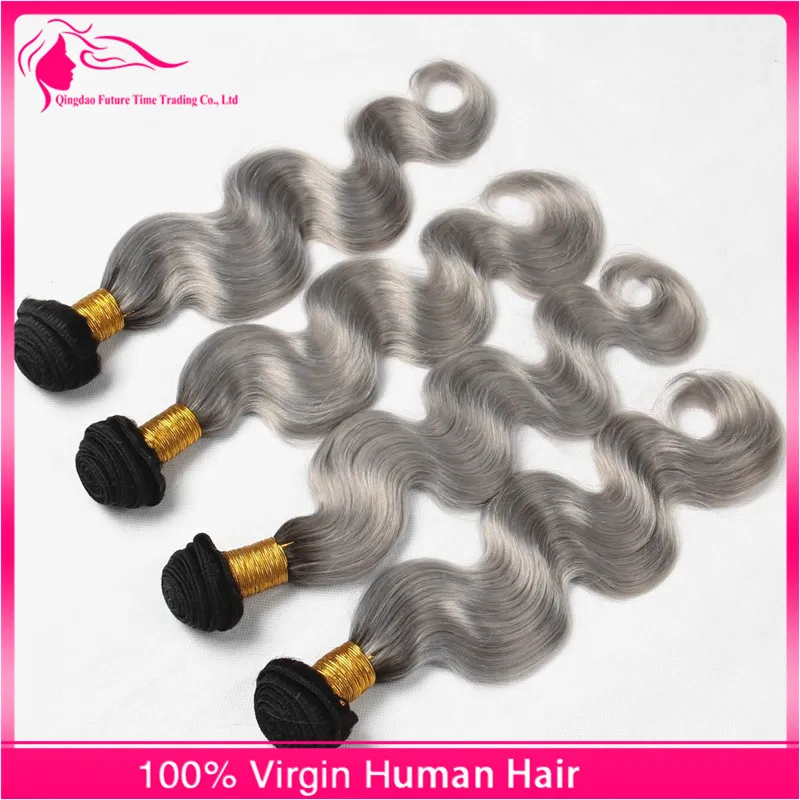 Bundle peruviano grigio vergine capelli umani grigi 4 pezzi lotto # 1 / grigio ombre estensioni dei capelli dell'onda del corpo 2 tono ombre capelli tesse