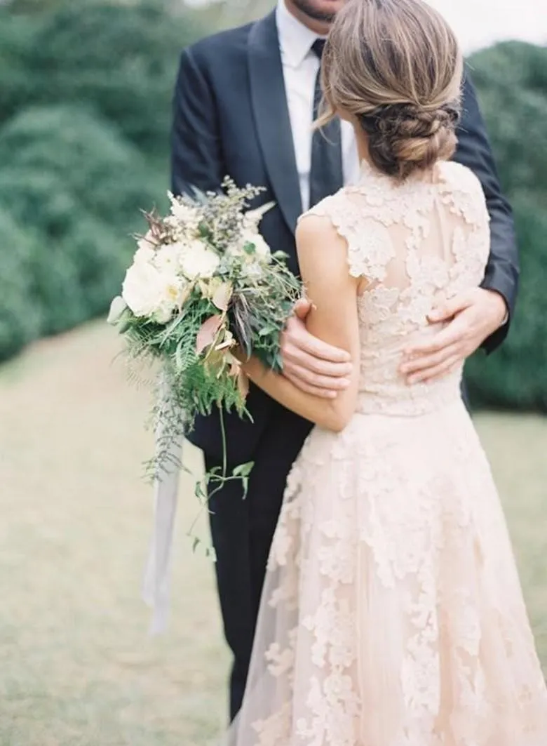 Blush A Line Wedding Dress with Lace Appliques and Sweep Train