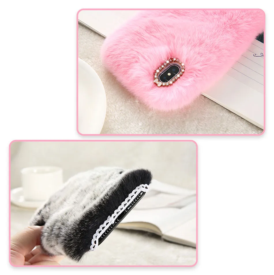 Cute Warm Rabbit Fur Case For iPhone 5 5S SE 6 6S 7 8 Plus Case Hard PC Cover For iPhone X 10 Bling Diamond Women Bag Case