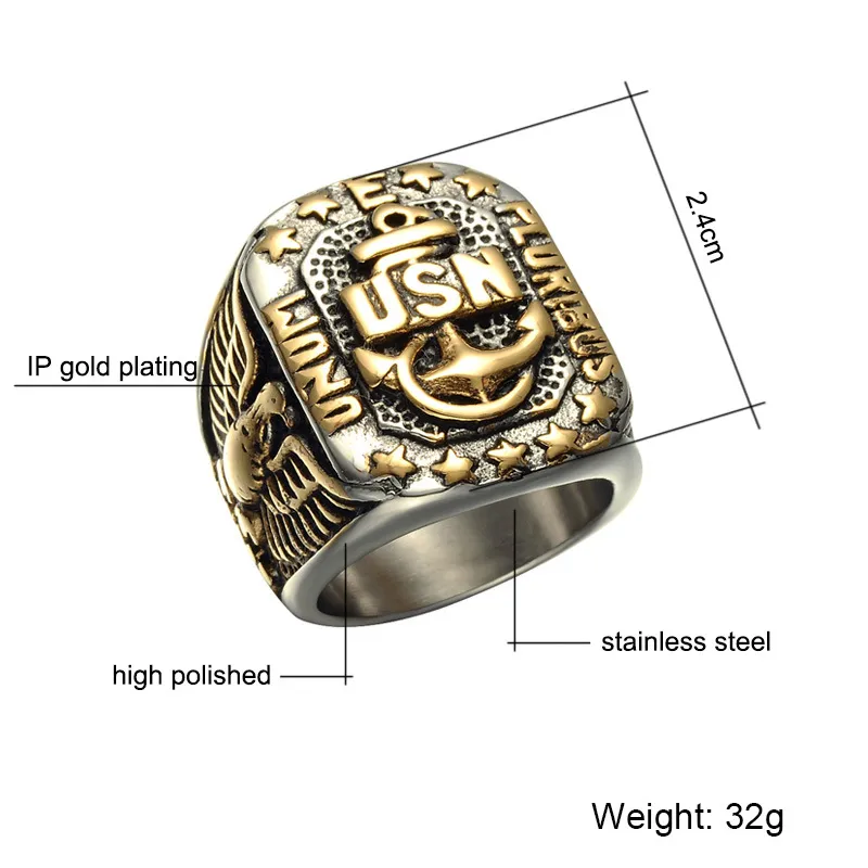 Wysokiej jakości funkcjonariusze US Navy Ring USN Pierścienie wojskowe Kotwica Eagle Men's Retro Gold Star Jewelry w stali nierdzewnej