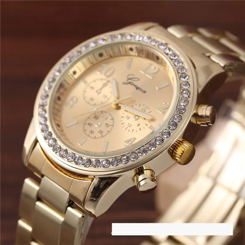 Luxus-Legierung Genf Uhr Diamant Männer Frauen drei Augen Decration Metallband Edelstahl Quarzuhren