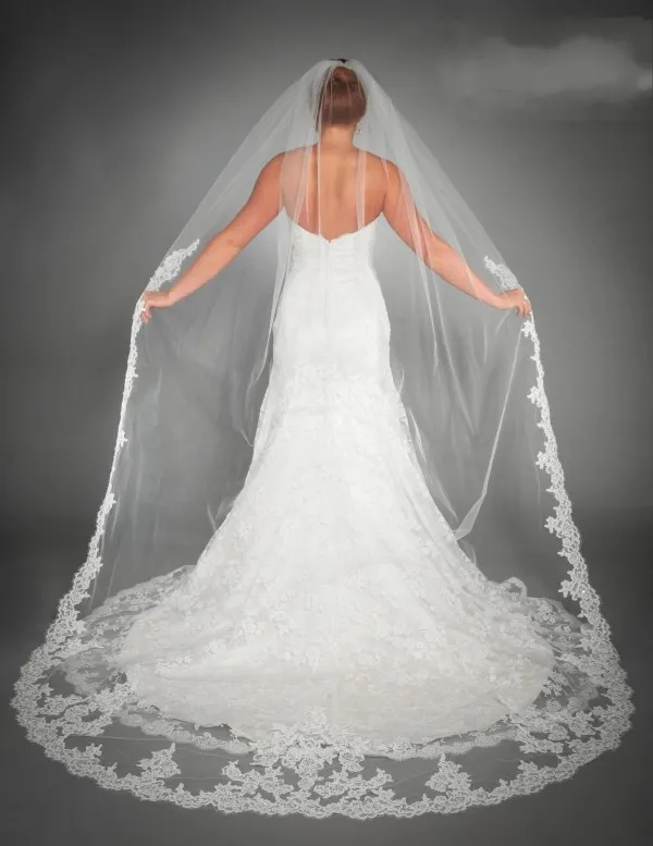 Superbe belle tulle blanc voiles de mariée accessoires de mariée dentelle appliques bord long nuptiale doux tulle pour mariage par237g
