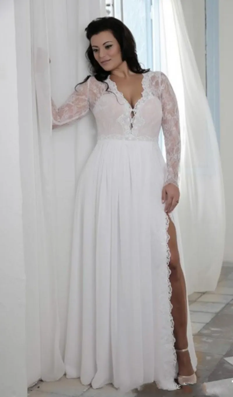 2020 Split Gaine Plongeant Col En V Illusion Dentelle Manches Longues Robes De Mariée Bohème Boho Brides Tenue De Soirée Pas Cher Plus La Taille Robes De Mariée