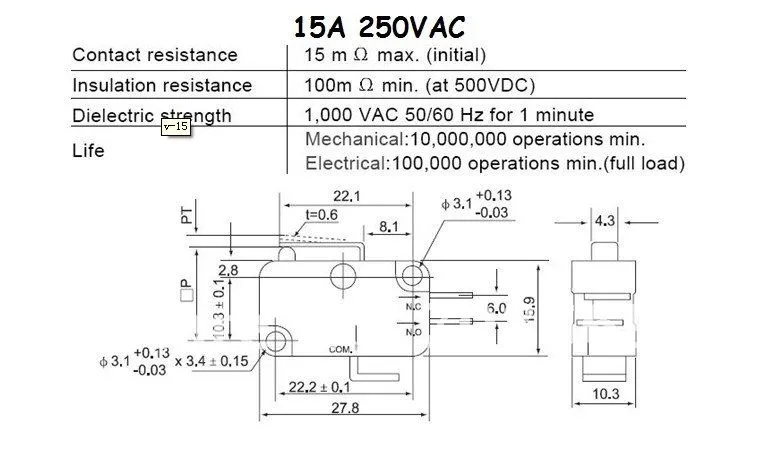 100ピースV-155-1C25瞬間リミットマイクロスイッチSPDTスナップアクションスイッチ