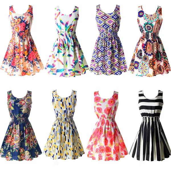 Wholesale-2016 New Summer Women Tank Chiffon Beach Dress Sleeveless Sundress Floral Mini Dresses M L XL XXL 21 Colors