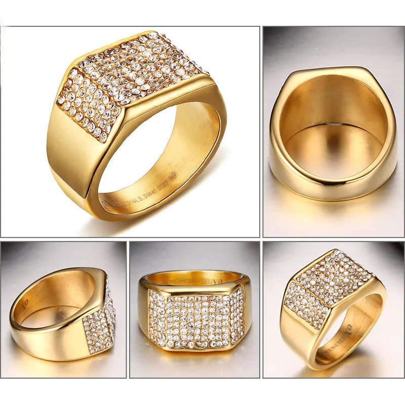 Titanium Steel Set Diamante Men Fashion Rings Guld 11mm Storlek 7-12