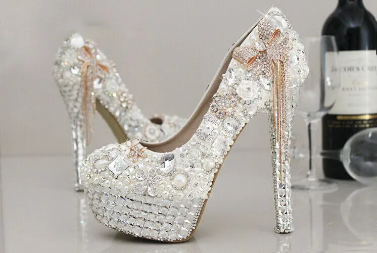 Date Style Superbe Strass Perle De Mariage Chaussures Cristal De Fierté Pedding Talons Hauts Pompes Robe Perle Enceinte Pompes Chaussures